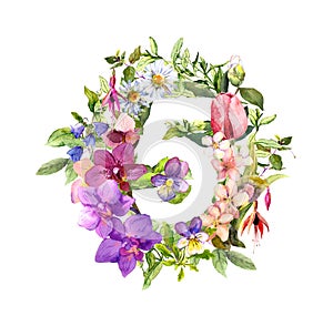 Floral numeral 5 - five from flowers and herbs. Watercolor.