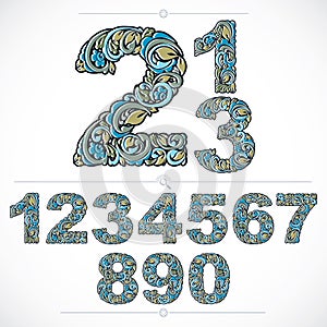 Floral numerals, hand-drawn vector numbers decorated with botanical pattern. Blue ornamental numeration, digits made in vintage d