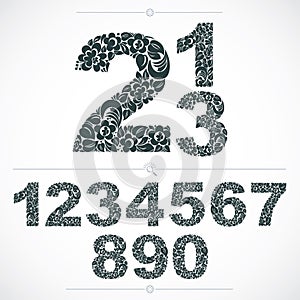 Floral numerals, hand-drawn vector numbers decorated with botanical pattern. Monochrome ornamental numeration, digits made in