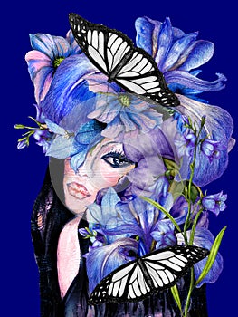 Floral Nymph, Bluebell Girl, Mixed media painting