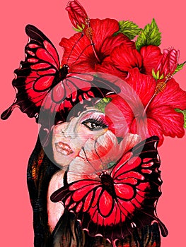 Floral Nymph, Hibiscus Girl, Mixed media painting