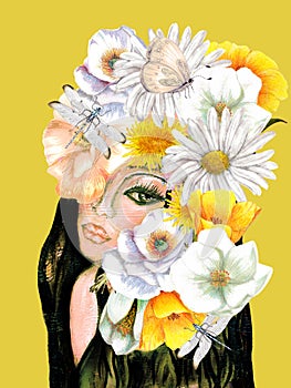 Floral Nymph, White flowers bouquet, Mixed media painting