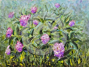 Floral Oil painting Beautiful bouquet in garden of flowers of purple peonies, lush red roses. Flowers in garden, a bouquet of flow