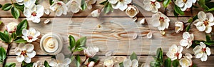 Floral Organic Cosmetics Set for a Relaxing Spa Day on Wooden Background