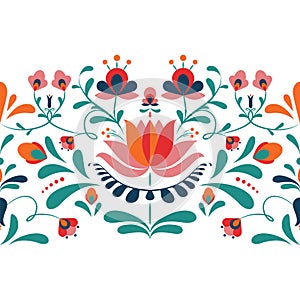 Floral ornament based on traditional Hungarian embroidery. Horizontal seamless border with flowers.