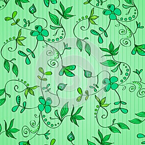 Floral ornament - green plants, flowers, leaves, loaches on a green background in stripes. Vector Pattern.