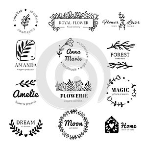 Floral ornament logo. Laurel leaves wreath frame, doodle flower leaf label and vintage flowers ornaments badges isolated vector