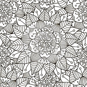 Floral ornament seamless pattern. Black and white round ornament texture