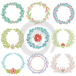 Floral ornament wreaths. Branches with leaves circle frame, laurel wreath and decor plants ornamental round frames