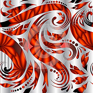 Floral ornamental colorful 3d vector seamless pattern. Textured silver background. White repeat surface backdrop. Red and black