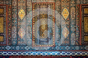 Floral ornaments of wooden embedded cupboards painted with colored geometrical patterns, Cairo, Egypt