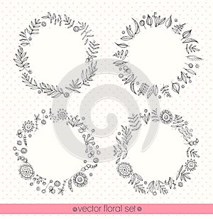 Floral ornate frame for invitations or announcements. Hand drawn flowers. Vector set