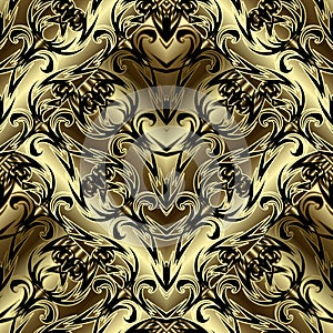 Floral ornate gold Baroque 3d vector seamless pattern. Antique ethnic style ornamental background. Vintage floral Damask ornament