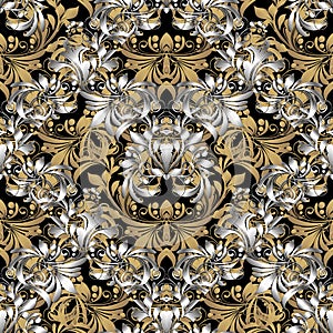 Floral ornate gold Baroque 3d vector seamless pattern. Antique ethnic style ornamental flourish background. Vintage floral Damask