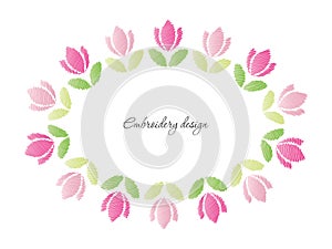 Floral oval frame. Embroidered tulips isolated on white.