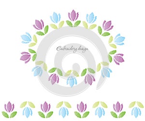 Floral oval frame. Embroidered tulips isolated on white.