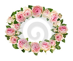 Floral oval frame with pink rose flowers isolated on white