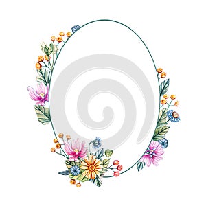 Floral oval frame of watercolor wildflowers