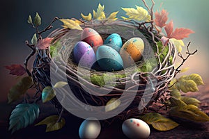 Floral painted Easter eggs and bird nest animal holiday spring background Generative AI