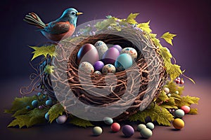 Floral painted Easter eggs and bird nest animal holiday spring background Generative AI