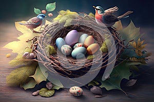 Floral painted Easter eggs and bird nest animal holiday spring background Generative AI