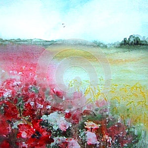 Floral painted poppy  illustration with birds in background and a cornfield Ink and watercolor painting.