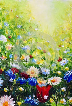 Floral painting landscape. Original oil painting of flowers, beautiful field flowers on canvas. Summer field of flowers.