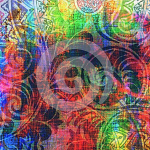 floral paisley and mandala design on multicolour cloth texture background