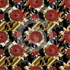 Floral paisley seamless pattern. Black vector background wallpaper with gold 3d paisley flowers, red abstract chamomile