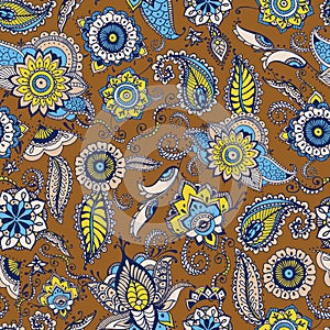 Floral paisley seamless pattern with traditional Persian buta motif and mehndi elements on brown background. Stylized