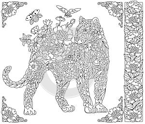 Floral panther. Adult coloring book page