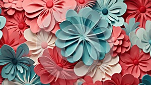 Floral paper cut shapes in red, pastel pink, blue, green and mint. Cute and modern wallpaper, fabric and packaging design.