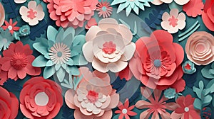 Floral paper cut shapes in red, pastel pink, blue, green and mint. Cute and modern wallpaper, fabric and packaging design.