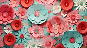 Floral paper cut shapes in red, pastel pink, blue, green and mint. Cute and modern wallpaper, fabric and packaging design.