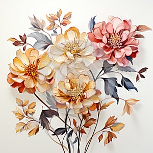 Floral Paper Design: Yellow, Brown, And Orange Flowers On White Background