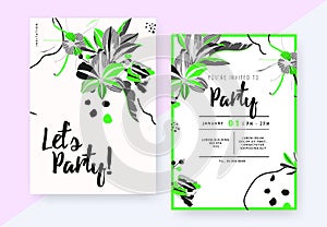 Floral party invitation card template design, Amaryllis, Spider lily, tulip and leaves in green and grey on white