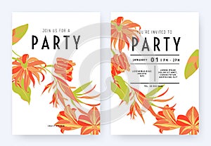 Floral party invitation card template design  Cananga odorata  tulip  Heliconia  Amaryllis and leaves in orange tones on white