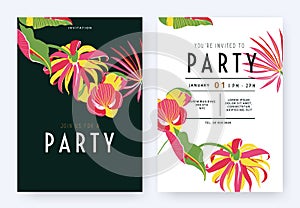 Floral party invitation card template design, colorful Cananga odorata, Magnolia coco and leaves on dark green