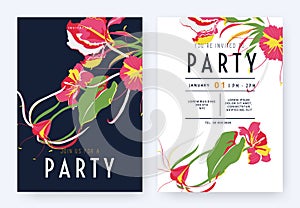 Floral party invitation card template design, colorful spider lilies, iris, tulip and leaves on blue