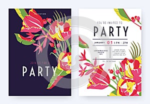 Floral party invitation card template design, colorful tulips, Amsonia flowers and leaves