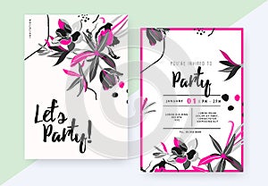 Floral party invitation card template design, Magnolia coco, tulip, Spider lily, Heliconia and leaves in yellow and grey tones