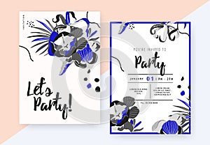 Floral party invitation card template design, tulip, Cananga odorata, Magnolia coco and leaves in blue and grey tones