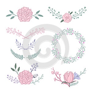 Floral pastel color vector bouquet with rose, peony, anemone, sakura, wild flowers. Hand drawn rustic isolated objects