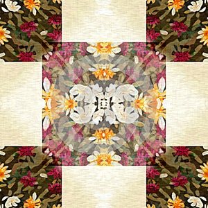 Floral patchwork quilt seamless pattern. Ornate geo swatch for exotic nature wallpaper. Cottagecore flower petal hand
