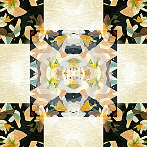 Floral patchwork quilt seamless pattern. Ornate geo swatch for exotic nature wallpaper. Cottagecore flower petal hand