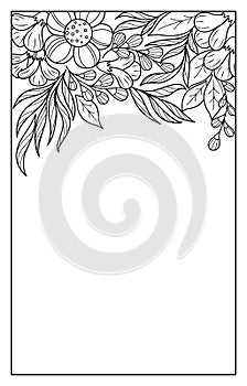 Floral pattern from abstract contour flowers and leaves. Beautiful black and white illustration