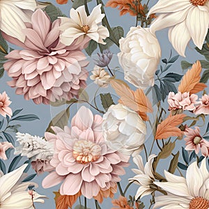 floral pattern abstract paper flowers isolated on white, botanical background. Rose, daisy, dahlia, leaves in pastel colors.