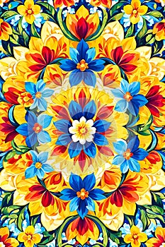 A floral pattern art of colorful petals and lush folliage, vibrant blooms amd blossoms, flower design, radiant beauty