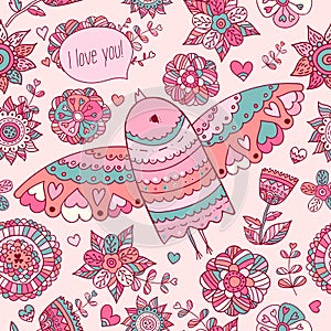 Floral pattern with bird. Valentine's background with text I love you photo