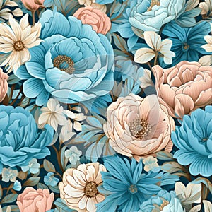 Floral pattern with blue and pink flowers, design concept for spring and Mother's Day.